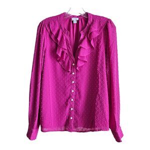 J. CREW Women's M Blouse Ruffle Swiss Dot Fuchsia Button Up Valentines Bust 40"